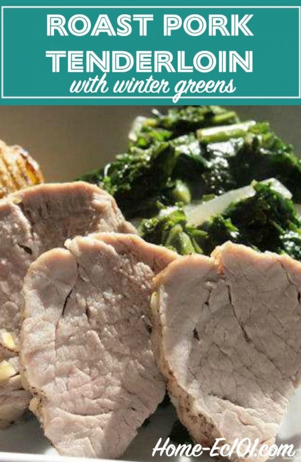 This roast pork tenderloin with winter greens and caramelized onions comes together quickly and makes a great weeknight meal. 