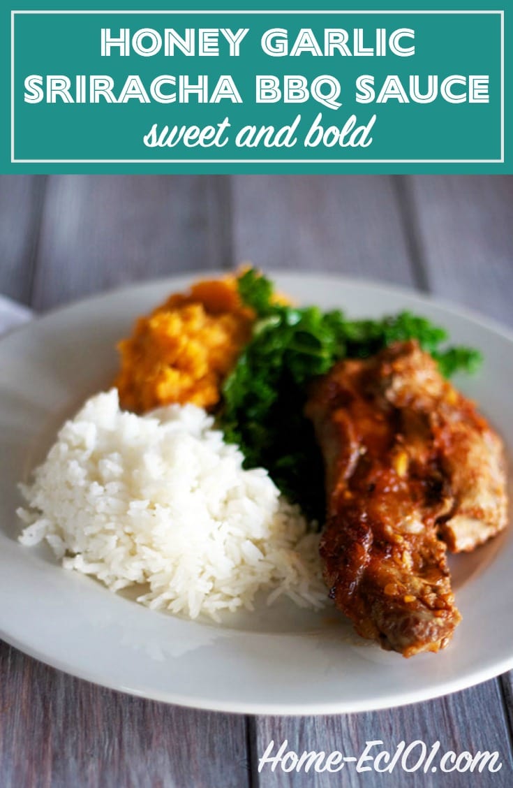 This garlicky, sweet and spicy Honey Garlic Sriracha BBQ Sauce will work well for ribs, riblets, and chicken.